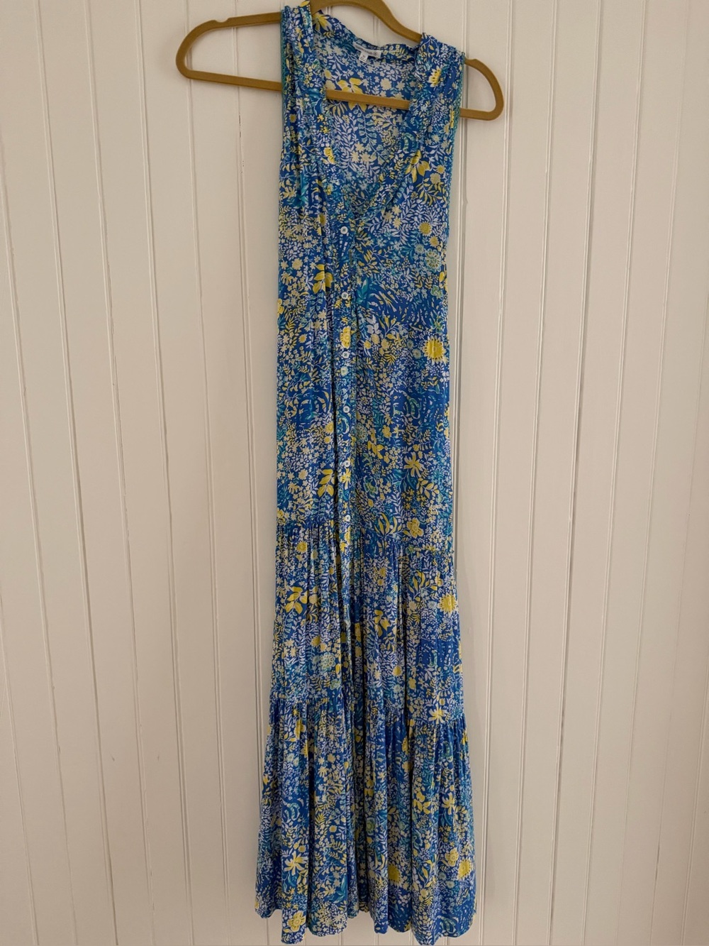 Poupette St. Barth Blue and Yellow Floral Tiered Maxi Dress